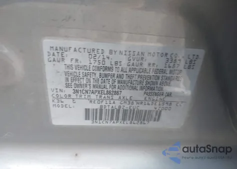 2014 Nissan Versa 1.6 Sv z USA, uszkodzony, nr VIN 3N1CN7APXEL862867